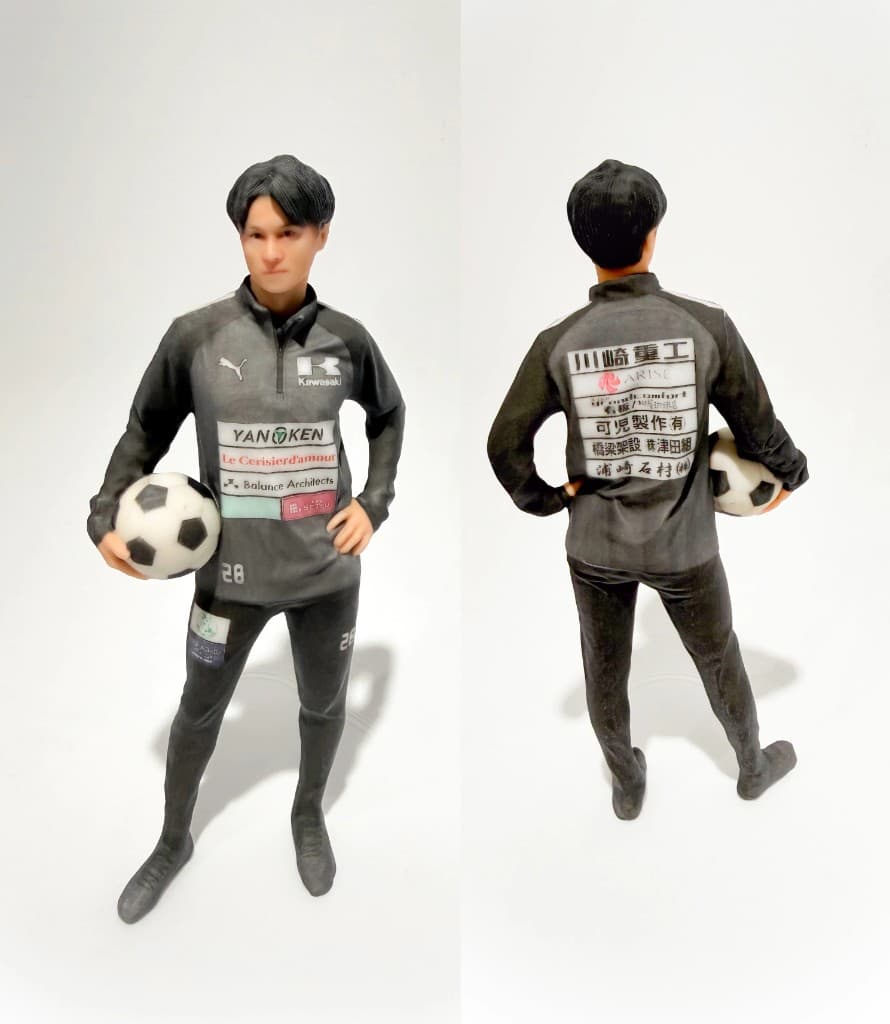 サッカー選手のユニフォーム姿を再現した 3D フィギュア(正面と背面)